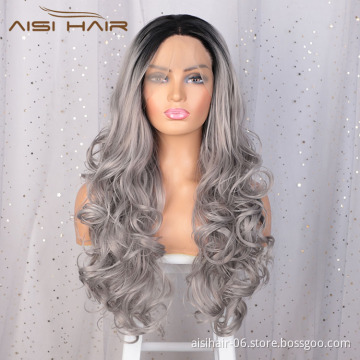 Aisi Hair Cosplay Synthetic Ombre Gray Dark Root Wig Long Wavy Swiss Lace Wig Body Wave Lace Frontal Hair Wigs For Black Women